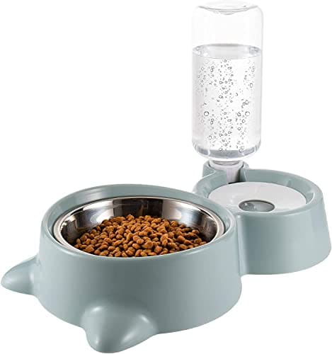 🛒 CREDLY Double Bowl Water and Food Cat Feeder Detachable Stainless Steel Bowl and Automatic Water Dispenser Bottle for Kitten, Puppies and Small Cat Dog Set of 1