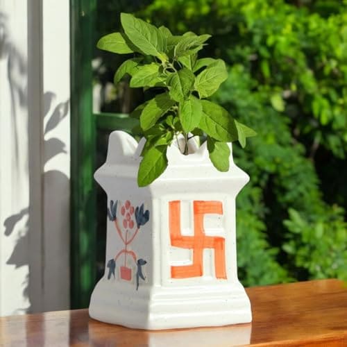🛒 ecofynd 6 inches Tulsi Ceramic Plant Pots, Small Clay Flower Pot, Decorative Modern Indoor Planters, Home Garden Decor for Living Room Bedroom Interior (CPOT016-IVR)