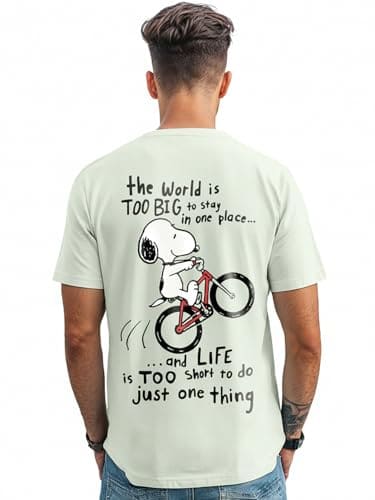 🛒 Bewakoof X Official Peanuts Merchandise Men's Move On Graphic Print 100% Cotton T-Shirt - Regular Fit, Round Neck, Half Sleeves Green