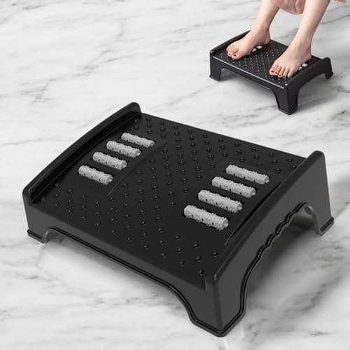 🛒 Techhark® Ergonomic Under Desk Foot Rest with Massage Rollers, 40 x 29 x 12.3 cm, Anti-Slip Design, Black, Plastic