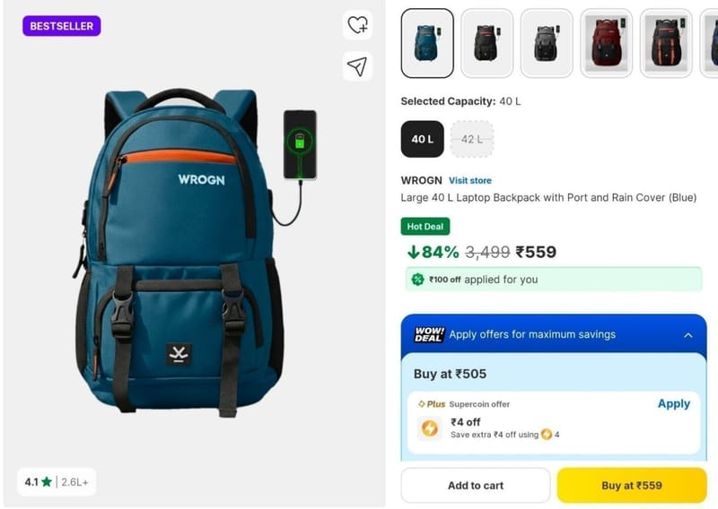 🔥Wrogn 40L Laptop Backpack with USB Port & Rain Cover at ₹559