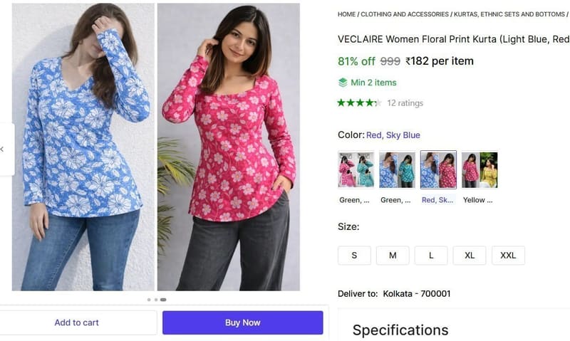 🔥  Women Floral Print Kurta @ ₹182