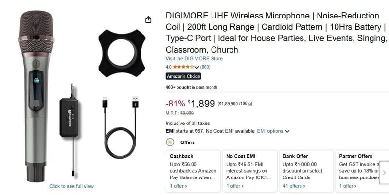 Amazon | 81% off : DIGIMORE Wireless Microphone with Cordless Mic @ ₹1899