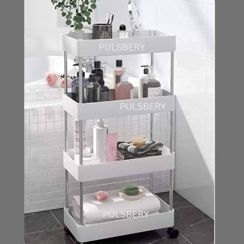 🛒 PULSBERY Multipurpose Storage Organizer Slim Rack Shelf with Wheels for Living Room, Office, Bedroom, Bathroom, Kids Room, Kitchen Trolley (White, 4 Layer) Plastic