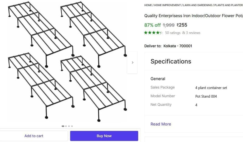 🔥  Plant Stand for Home Garden (Pack of 4, Metal) @ ₹255