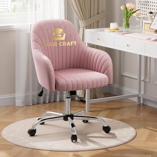 🛒 Velvet Desk Chair for Home Office, Adjustable Swivel Task Chair Modern Computer Vanity Chairs with Arm Rest for Bedroom Living Room Make-up Room (Pink Light)