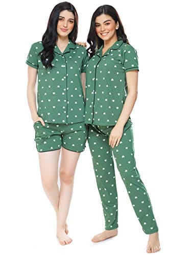 🛒 ZEYO Women's Cotton 3Pc's (Shirt+Pyjama+Shorts) Heart Printed Green Pajama Set/Night Suit 5357, Large