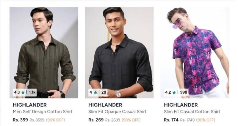 Myntra : Upto 90% Off : Highlander Men's Shirt