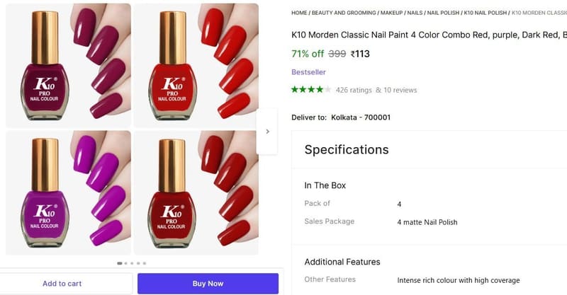 🔥  Pack of 4 Nail Polish at ₹113
