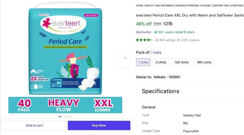 🔥  everteen Period Care XXL Sanitary Pad (40 Pads) @ ₹215