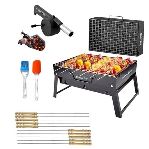 🛒 Market Fairy【NEW 2026】Portable Barbecue Grill Folding BBQ Grill,【5 Pc -Combo】【12-Stick】2-Spatula,【1-BBQ Grill】, 1-Blower, Outdoor Grill Tools for Camping Barbecue set (Stellar Black)