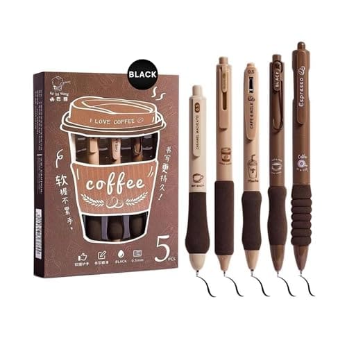 🛒 FINEMOE Set of 5 Coffee Theme Gel Pens for Writing, 0.5mm Black Ink Aesthetic Pen with Soft Grip, Cute Kawaii Stationery for Girls & Boys, School Office Use, Return Gift for Kids (Black)