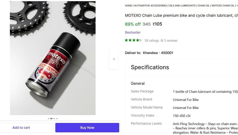 🔥  Chain Lube, 150 ml @ ₹105