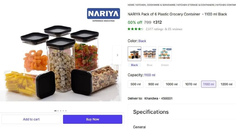 🔥  Pack of 6 Grocery Container at ₹312