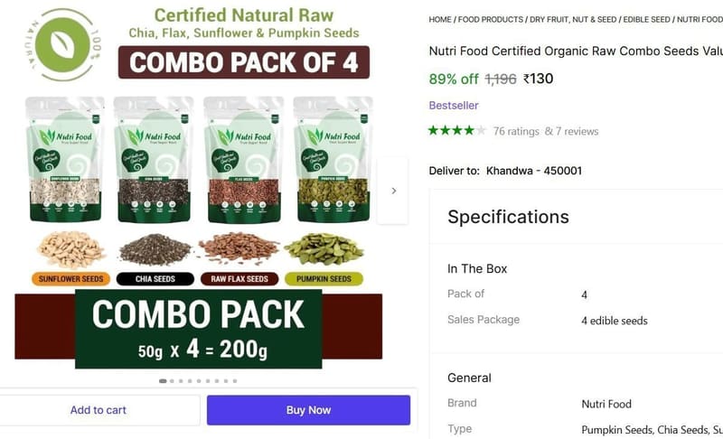 🔥  Organic Raw Combo Seeds Value Pack (200 g, Pack of 4) @ ₹130