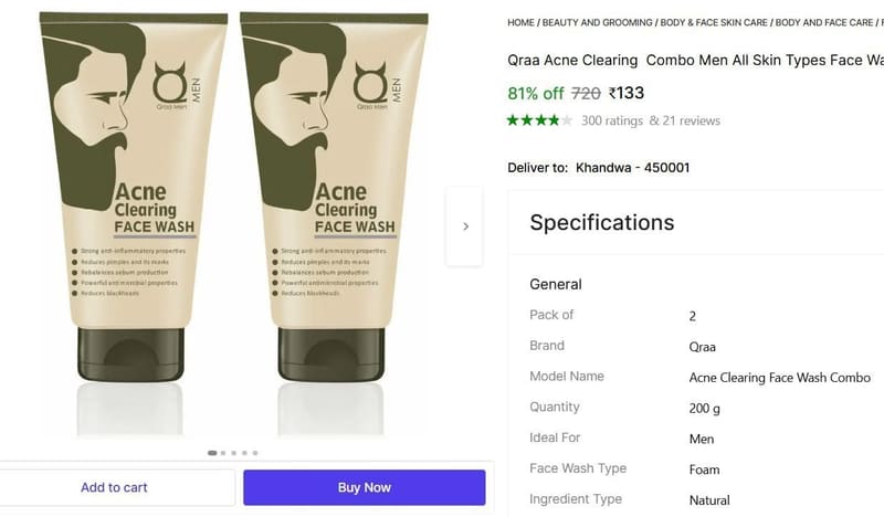 🔥  Qraa Acne Clearing Combo Face Wash (200 g) @ ₹133