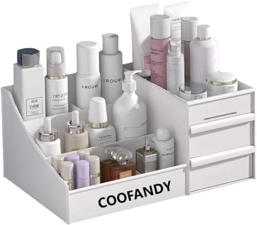 🛒 COOFANDY White Makeup Desk Organiser with Drawers, for Home & Office Plastic Stationary Box, 7 compartments Plastic Case Holder Skin Care Products for Dressing Table
