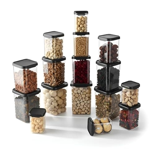 🛒 AQUAWARE Plastic Airtight Containers Set For Kitchen Storage And Containers Box For Pantry Organization And Container (4X350ml+4X650ml+4X950ml+4X1100, Black And Transparent) Set of 16