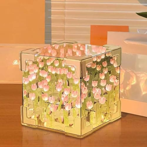 🛒 inulec ABS Tulip Night Light, Handmade DIY Cube Mirror Light with 20 Flowers, Tulip Flower Table Lamp & Mirror 2-in-1 for Decoration, Birthday Gifts for Women and Girl, Multicolor, LED