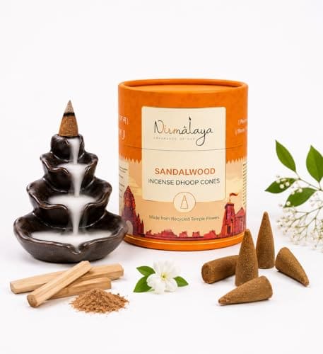 🛒 Nirmalaya Premium Sandalwood Backflow Dhoop Cones | 60 Bambooless Incense Cones Sacred Flowers | Charcoal Free Cones | 25 Min Burn Time | Natural Incense for Meditation & Home Fragrance