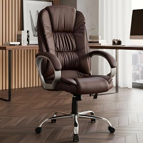 🛒 MRC M061 Ergonomic High Back Premium Leatherette Office Chair with Fixed Armrests, Heavy Duty Chrome Base,| Home Office Desk Chair, 3 Years Warranty,Pre-Assembled (Brown)