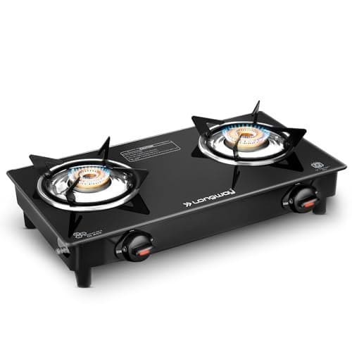 🛒 Longway Furn Glass Top, 2 Burner Manual Ignition Glass Gas Stove (Black, ISI Certified, 2 Years Warranty)