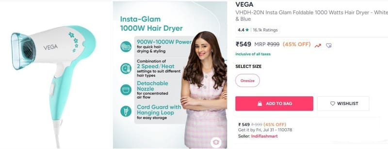 Myntra | Vega Hair Dryer under ₹499.