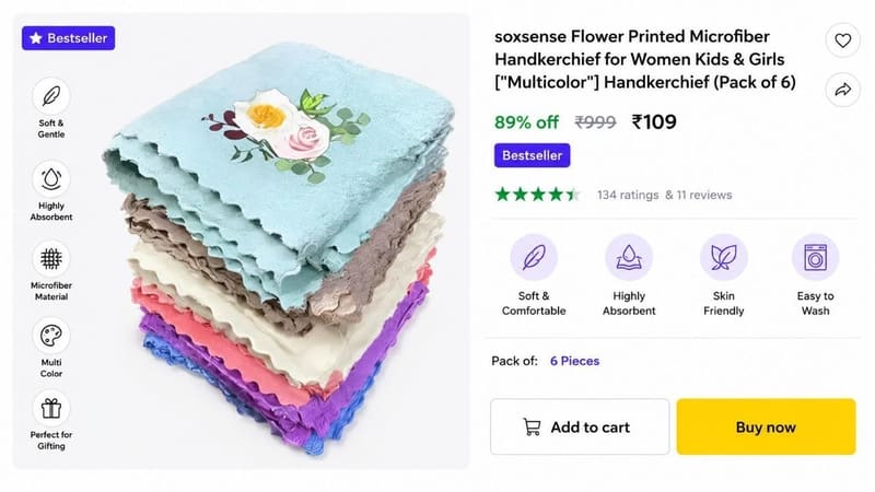 💥 Handkerchief (Pack of 6) @ ₹109