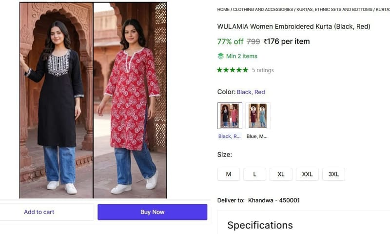 🔥  Women Embroidered Kurta @ ₹176