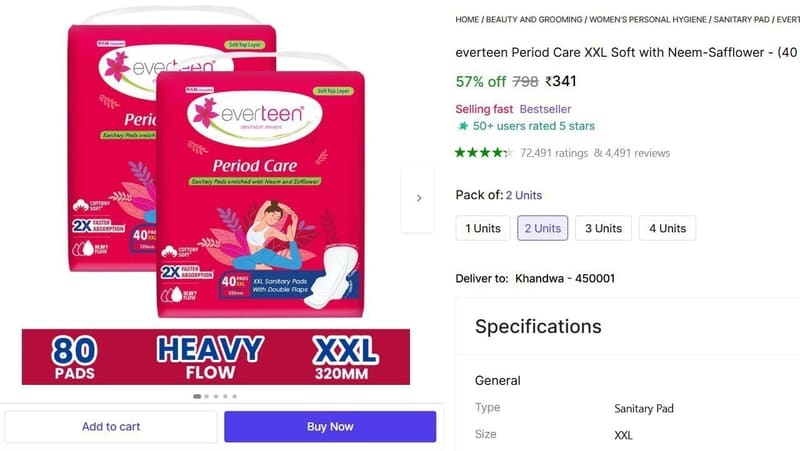 🔥  everteen Period Care XXL Pads (80 Pads) @ ₹341