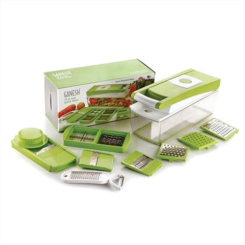 🛒 Ganesh 14 in 1 Multipurpose Chopper, Fruits & Vegetable Cutters, Grater Peeler Chipser, Unbreakable Food Grade Body, Easy Push to Clean Button Slicer Dicer, Chopper for Kitchen (Green, Plastic)