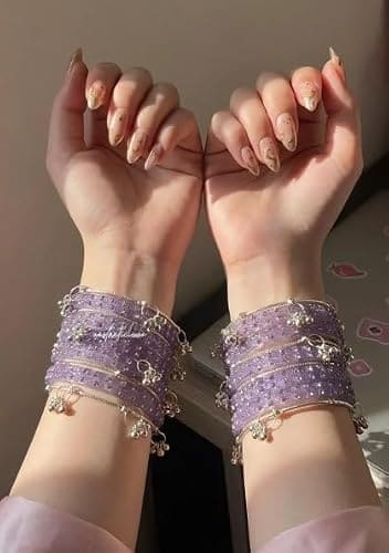 🛒 Kashmiri Ghangharoo Glass Bangle Set for Women, Traditional Transparent Fancy Chudi, Wedding and Party Wears, Set of 16 (12 Glass + 4 Metal) (Levender, 2-4)