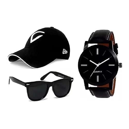 🛒 SBA PRIME Combo Pack of 3 Stylish Dial Watch, Stylish Sport Baseball Cap & Stylish Aviator Sunglass for Men's and Boy's (White)