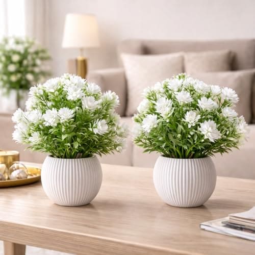 🛒 Artificial Green and White Flower Plant with White Pot, 8 Inch Height, Decorative Indoor Plant for Home & Office Decor – Pack of 2