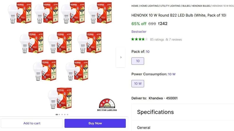 🔥  HENONIX 10W Bulb (Pack of 10) @ ₹242