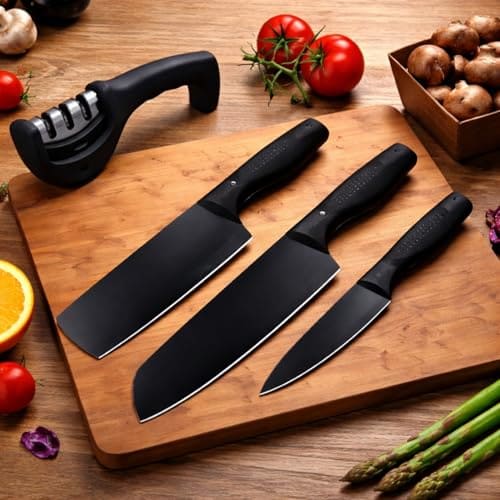 🛒 Evadely Kitchen Knife Set 3-Piece with Knife Sharpener Tool, Stainless Steel Chef Knives, Sharp Cutting Knives for Kitchen, Vegetable, Fruit & Meat Cutting (3 Knife Set + Knife sharpner)