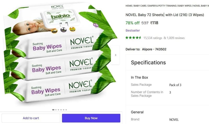 🔥  Baby Wipes 72 Sheets Pack of 3 @ ₹118