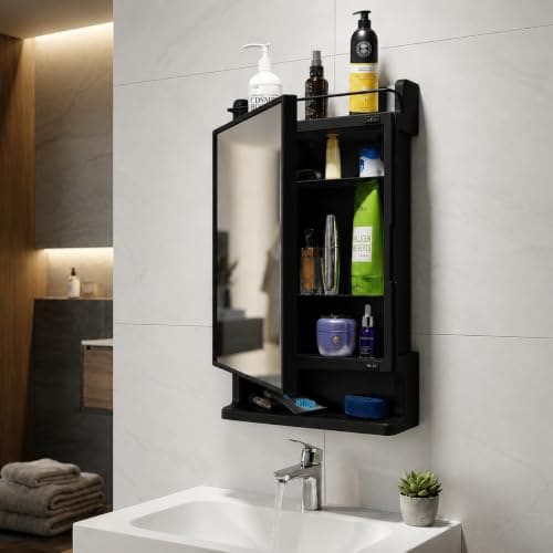 🛒 BRANCO Bathroom Cabinet with Mirror | Storage Organiser | Strong Plastic Bathroom Shelves Wall Mounted | Mirror Cabinet (Black)