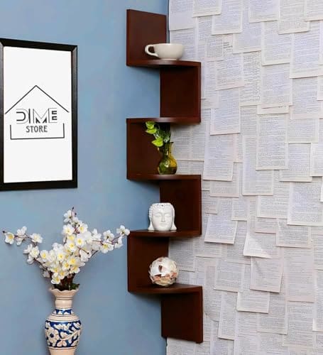 🛒 Dime Store Wooden Wall Shelves | Corner Wall Shelf | Hanging Corner Shelves for Living Room, Floating Wall Mounted Shelfs 5 Tier for Home Decoration Items