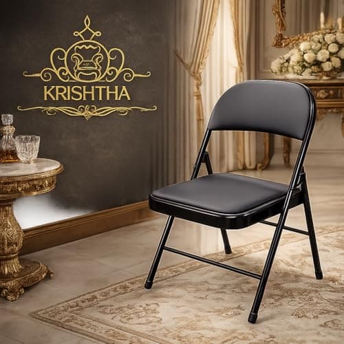 🛒 KRISHTHA Metal Folding Chair with Soft Cushioned Leatherette Seat | Foldable Chair for Home, Office, Study, Balcony, Kitchen & Restaurant | Space Saving Portable Steel Chair | Black
