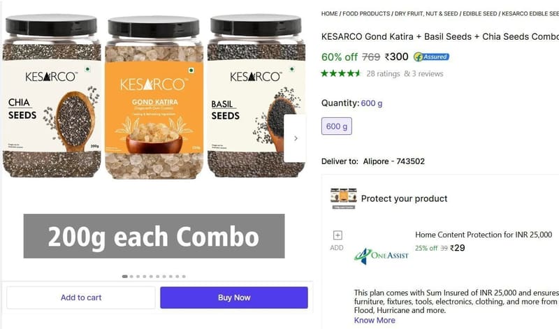 🔥  Gond Katira + Basil Seeds + Chia Seeds Combo Pack (200g x 3) @ ₹300