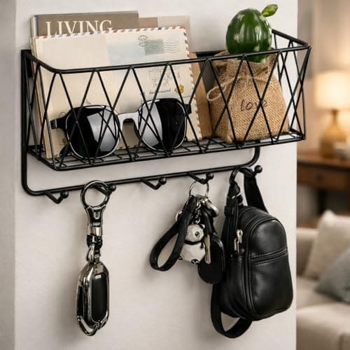 🛒 CentraLit Stylish Metal Key Holder with Mobile Stand for Home Decor | Wall Mount Organiser with Shelf & Hooks | Modern Entryway Organizer for Keys, Mail 5 Hook Key Holder for Wall