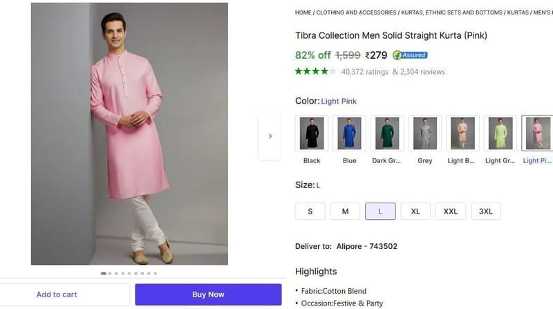 🔥  Men's Solid Straight Kurta @ ₹279