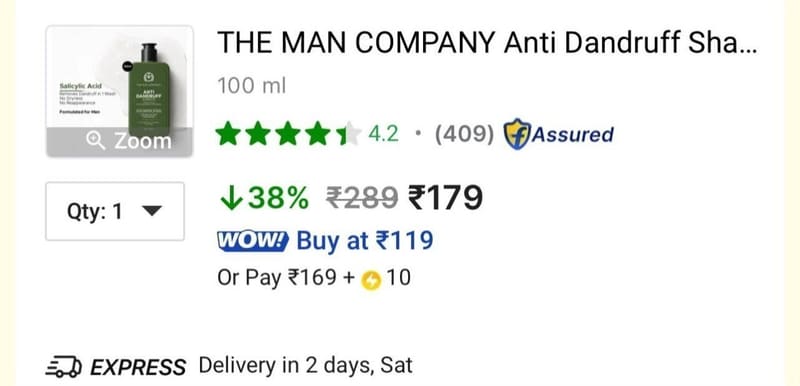 Grab : The Man Company Anti Dandruff Shampoo, 100ml at ₹179😱😱