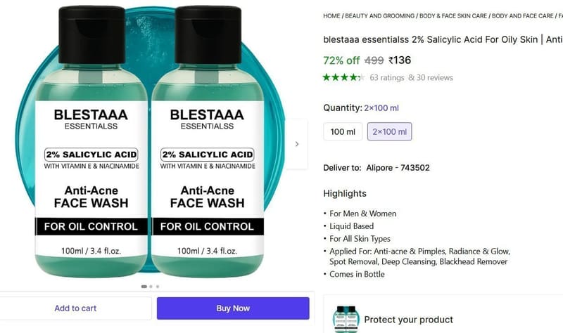 🔥  blestaaa essentialss 2% Salicylic Acid For Oily Skin Face Wash (200 ml) @ ₹136