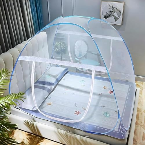 🛒 Mosquito Net for Double Bed | King Size Foldable Machardani | 6.5 x 6.5 Feet Polyester 30GSM Strong Net |PVC Coated Corrosion Resistant Steel Wire