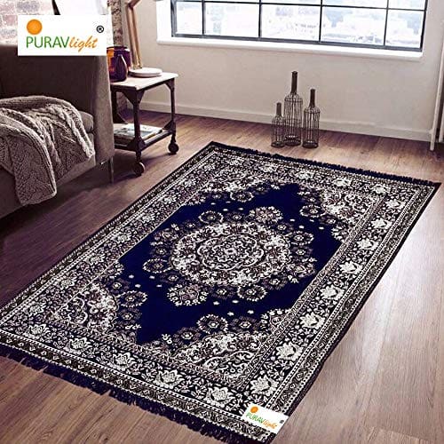 🛒 Purav Light Home Decor Cotton Carpets for Living Room 5x7 feet Multi-Use Flower Design Carpet Mats (Blue Colour)
