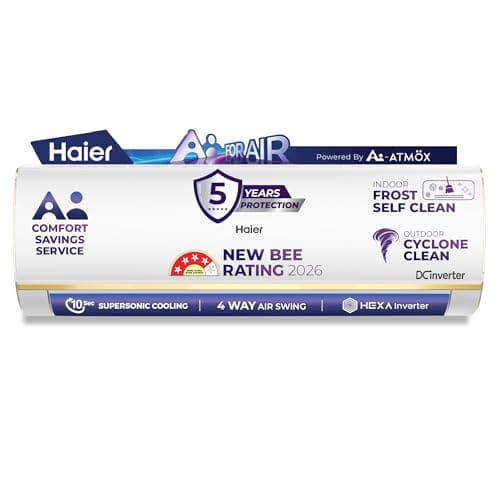 🛒 Haier 1 Ton 5 Star, New star rated,Wi-Fi HEXA Inverter Smart Split AC (AI Cooling, Energy Saving & Self-Clean, 7 in 1 Convertible, Copper, 4-way Swing, Cools in 10 Sec at 60°C, White)-HSA14KU-GAI5NB-I