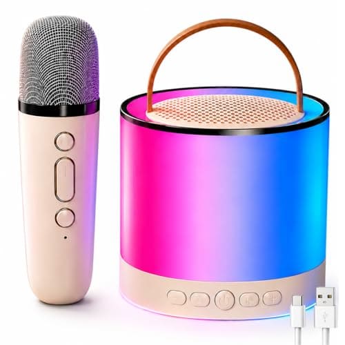 🛒 Toy Imagine Round Rechargeable Karaoke Mic with Speaker for Singing Wireless Mini Portable Bluetooth Speaker with Microphone & LED Lights Musical Toy for Boys,Girls & Adults,Birthday Gift for Kids