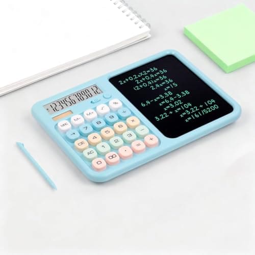 🛒 Meakwisht 2 in 1 Calculator with LCD Writing Tablet, 12-Digit Desktop Calculator & Reusable Notepad, Erasable Writing Pad with Stylus for Office, School & Home - Multicolor